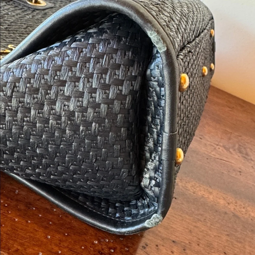 CHANEL Straw Raffia‎ Calfskin Chain Deauville Tote Black